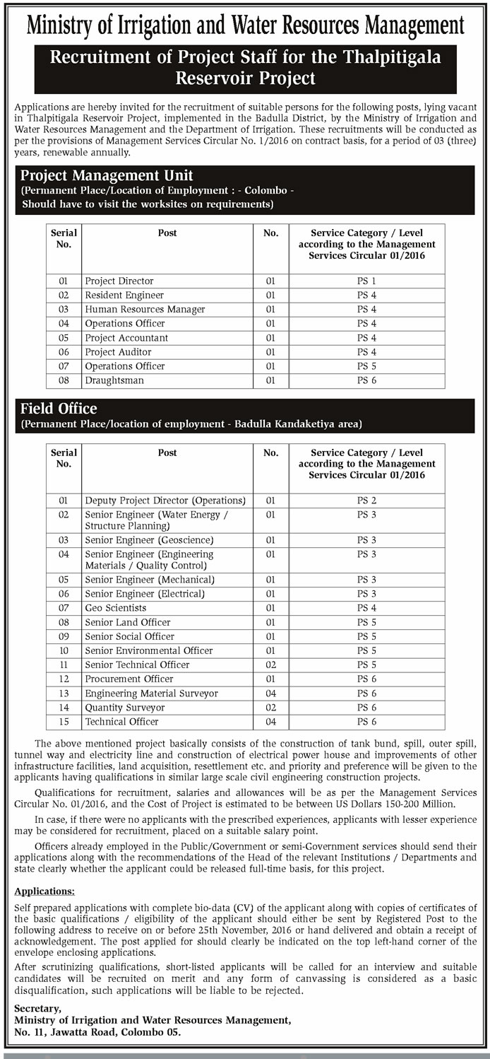 Director, Engineer, HR Manager, Operations Officer, Accountant, Auditor, Draftsman, Geo Scientist, Land Officer, Social Officer, Environment Officer, Technical Officer, Procurement Officer, Engineering Material Surveyor, Quantity Surveyor - Ministry of Irrigation & Water Resources Management	